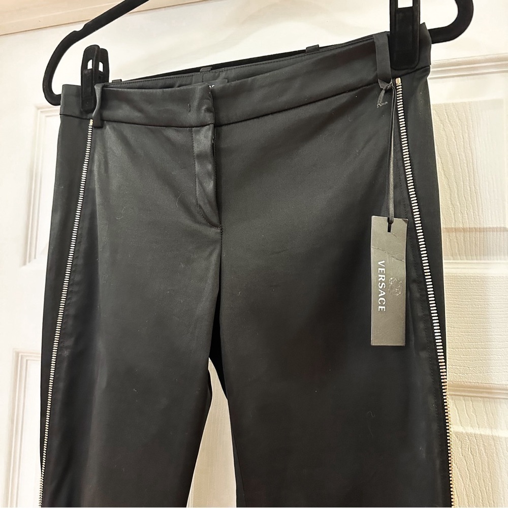 NWT Versace Black Satin Side Gold Zipper Detail 2009 Runway Ankle Pants sz 38 - Picture 2 of 12
